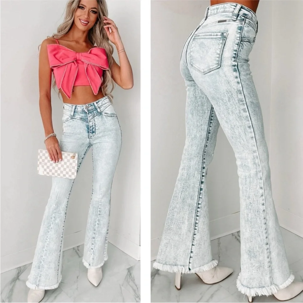 Kancan light wash acid wash high rise flare boho bohemian raw hem denim jeans - Picture 2 of 13